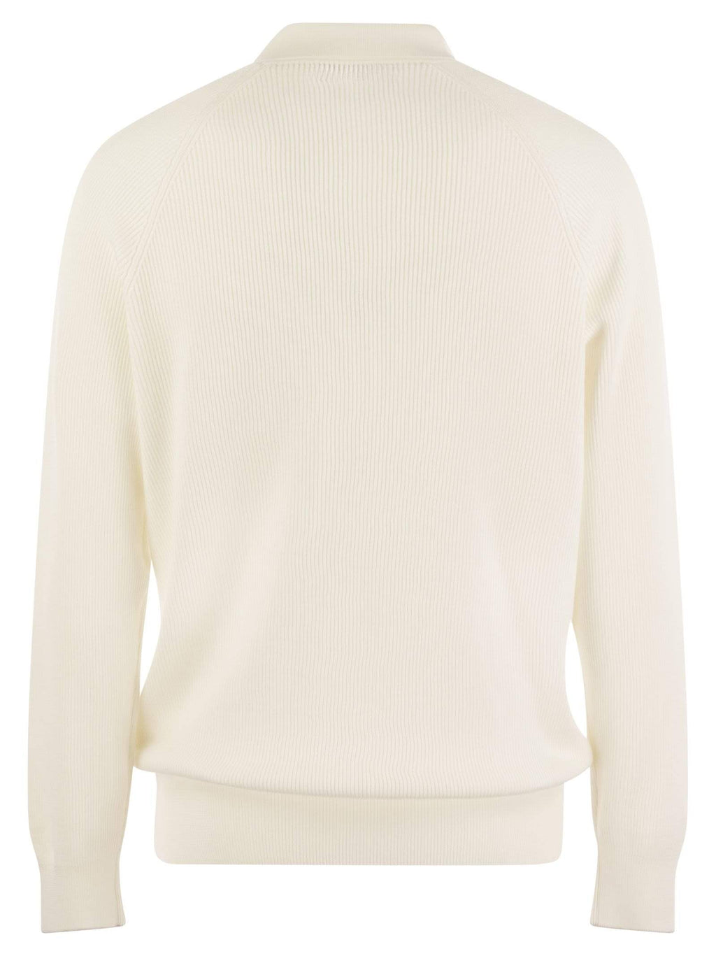 Brunello Cucinelli Men Cotton Rib Knit Polo Shirt With Long Raglan Sleeve