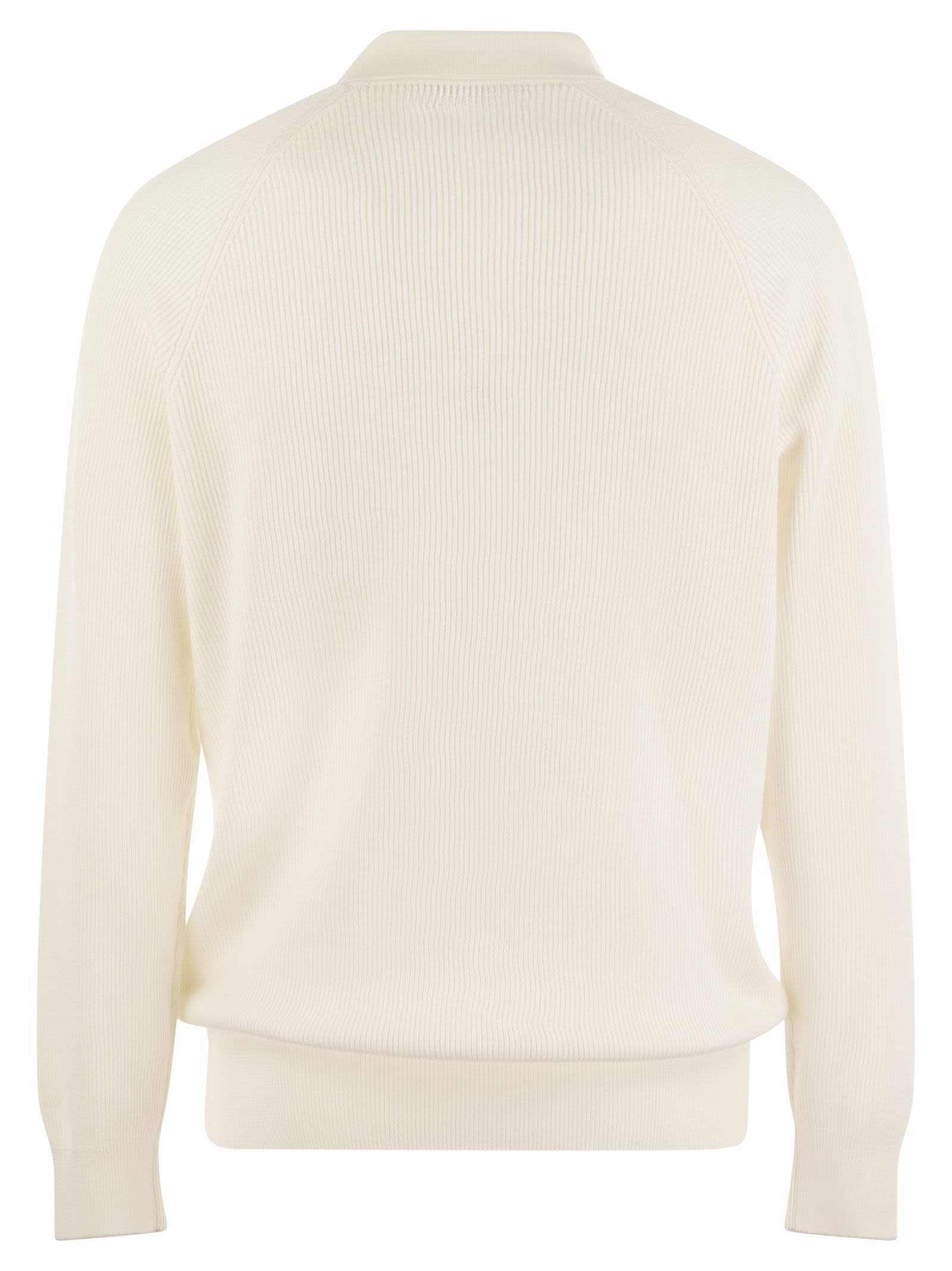 Brunello Cucinelli Men Cotton Rib Knit Polo Shirt With Long Raglan Sleeve