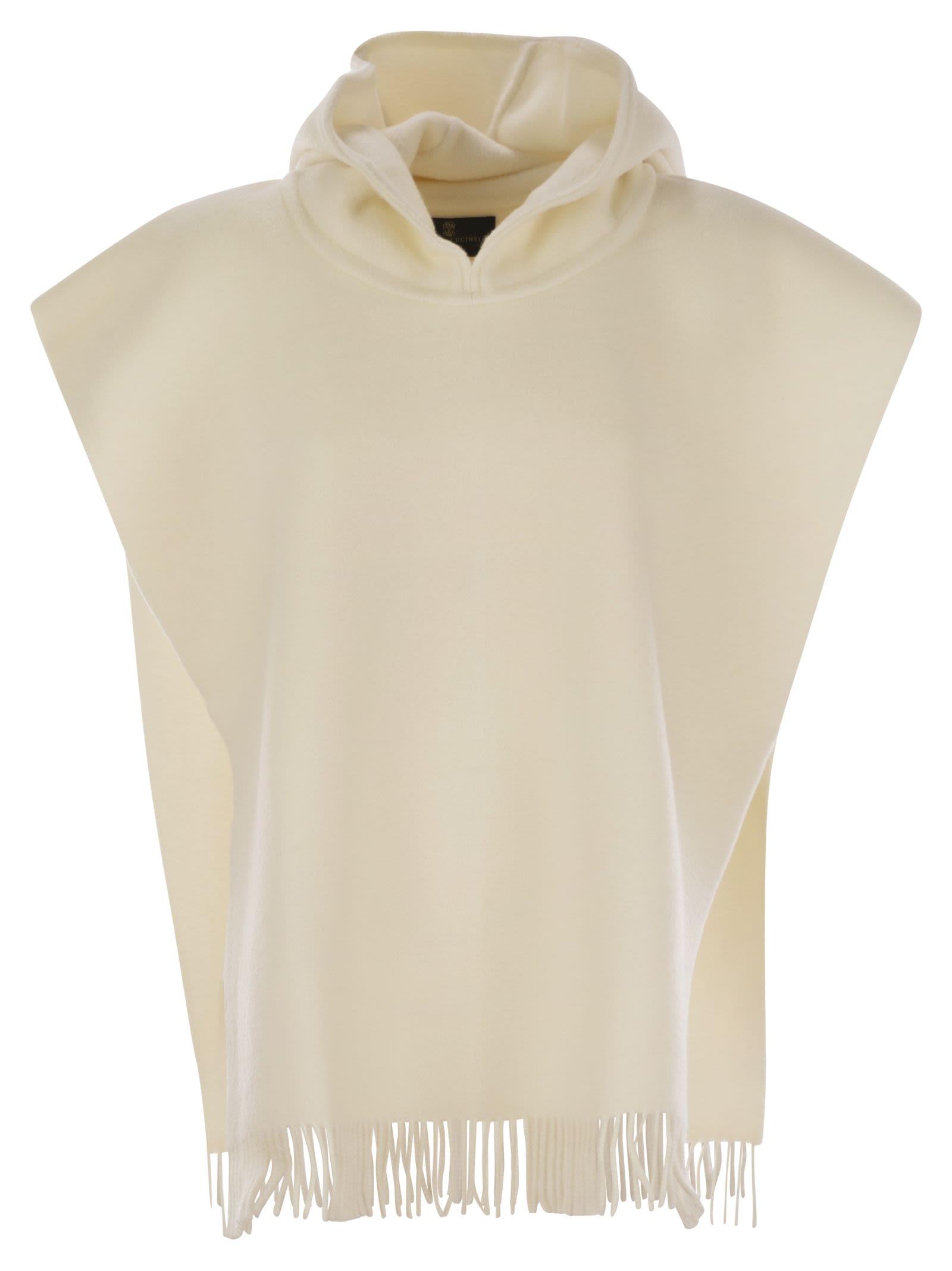 Brunello Cucinelli Women Double Knit Wool And Cashmere Poncho With Hood And Fringes