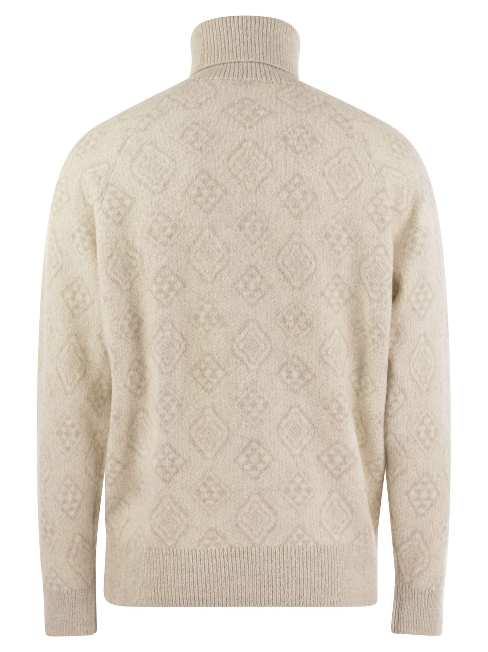 Brunello Cucinelli Men Geometric Jacquard Turtleneck Sweater In Alpaca, Cotton And Wool