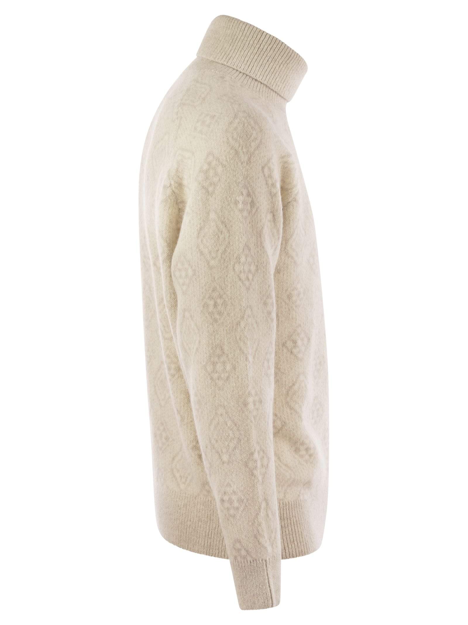 Brunello Cucinelli Men Geometric Jacquard Turtleneck Sweater In Alpaca, Cotton And Wool