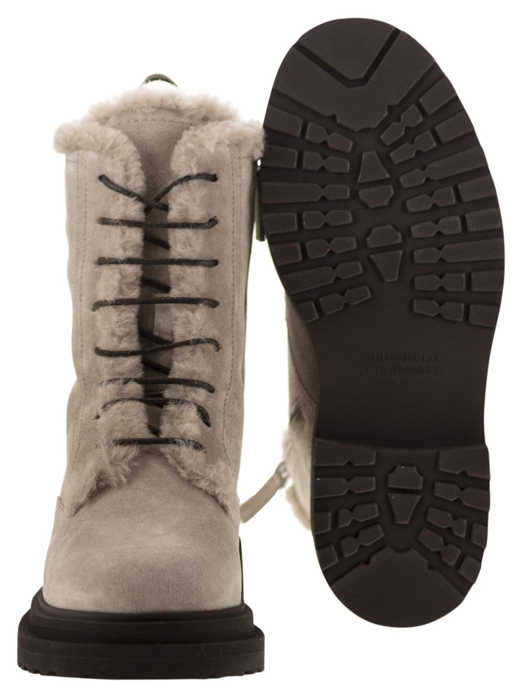 Brunello Cucinelli Women Suede Boot With Shearling Lining And Shiny Loop Detail