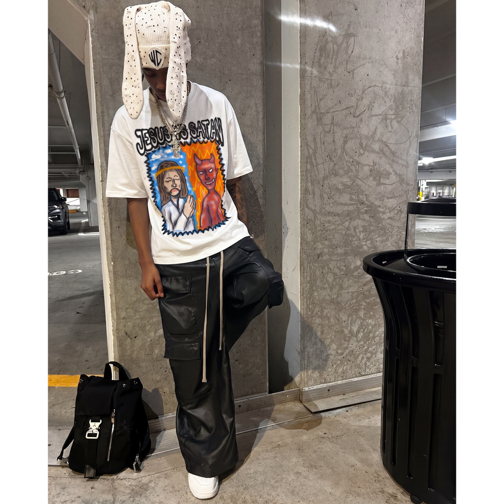 Jesus Vs Satan Streetwear Tee Y2k T-Shirt White Boxy Cropped 250GSM Summer Short Sleeve Crew Neck