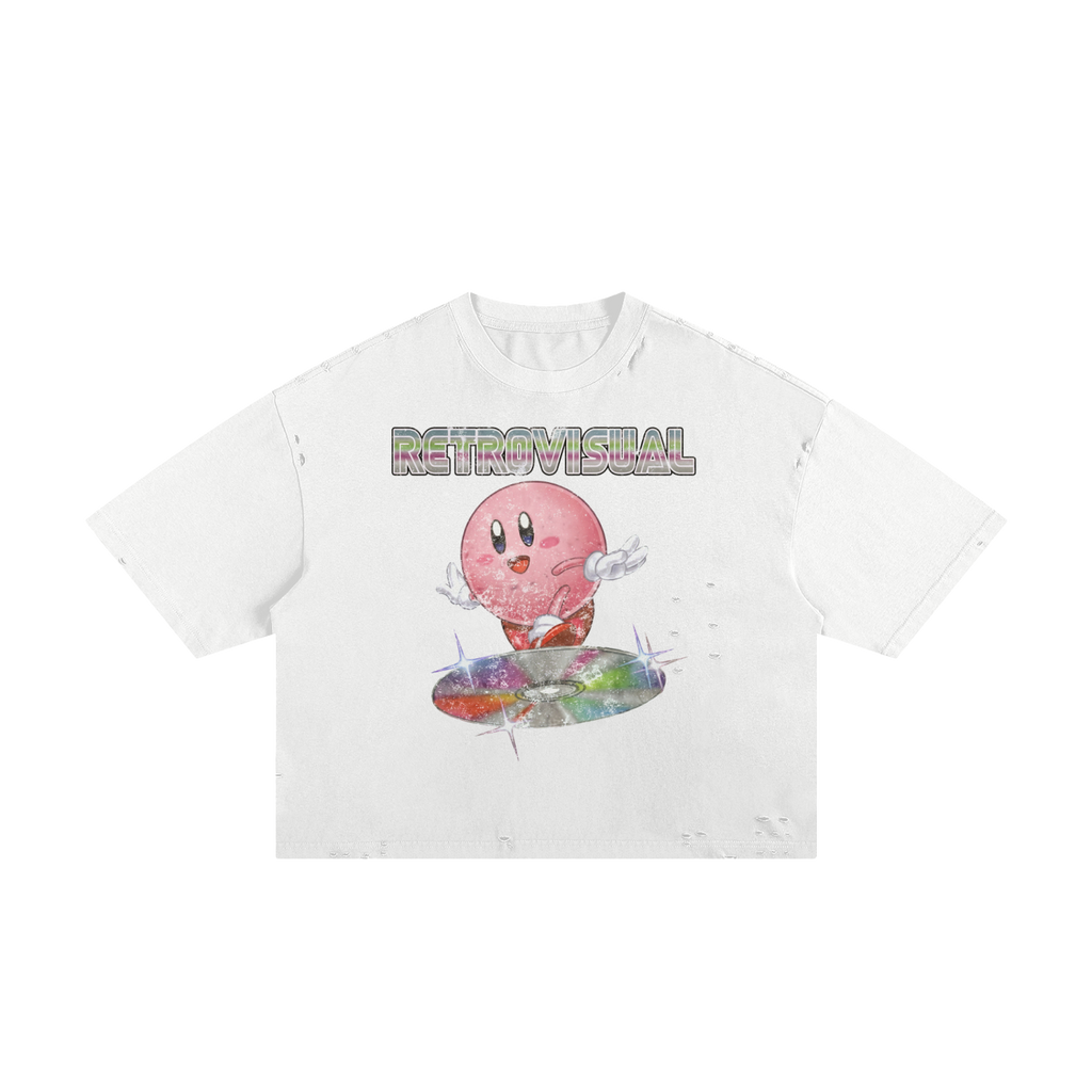 Kirby Vintage Streetwear Shirt Y2K Frayed Boxy Tee White Pink Cotton 250 GSM Distressed All Over