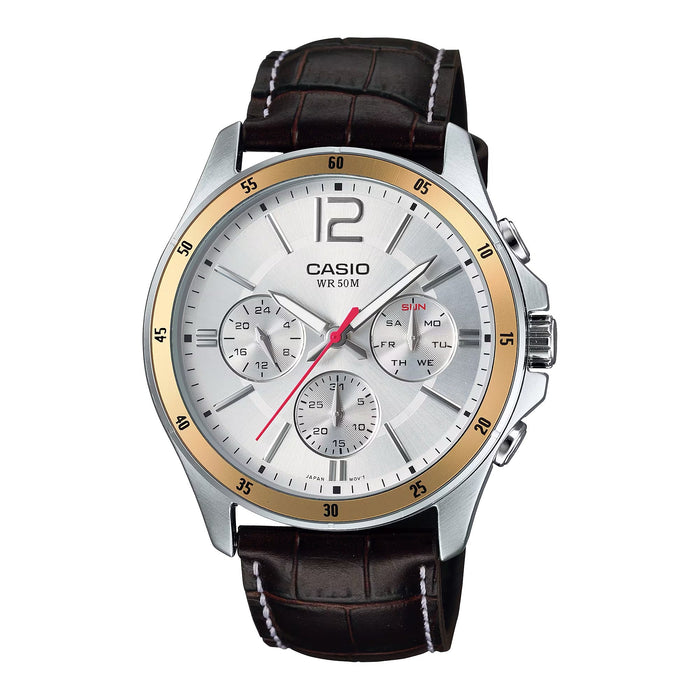 Casio MenÕs Silver Dial Chronograph Leather Watch with Gold-Tone Bezel - MTP-1374L-7AV