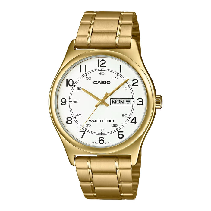 Casio MenÕs Gold Analog Watch with White Dial and Day-Date Display - MTP-V006G-7B