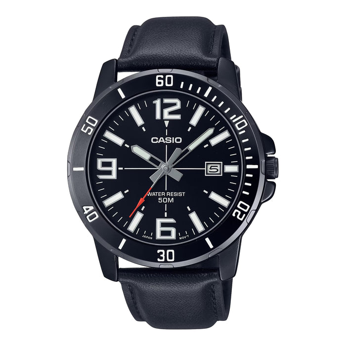 Casio MenÕs Black Analog Watch with Date Display and Leather Band - MTP-VD01BL-1BV