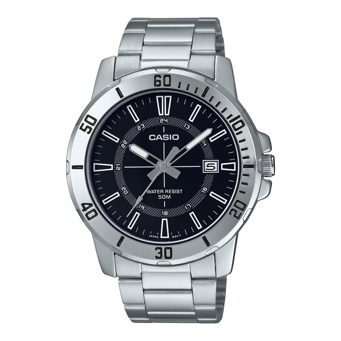 Casio MenÕs Silver Analog Watch with Black Dial and Date Display - MTP-VD01D-1CV