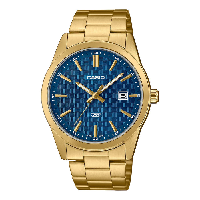 Casio MenÕs Gold Analog Watch with Blue Pattern Dial and Date Display - MTP-VD03G-2A