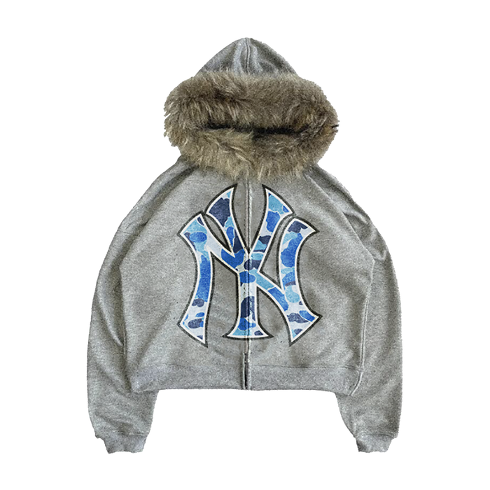 Blue Fur Trim Zip Up Hoodie