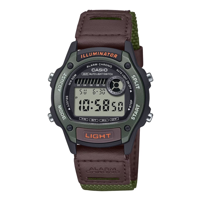 Casio Men’s Digital Illuminator Chronograph Watch with Brown and Green Strap - W-220HF-3AV